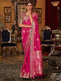 Akhilam - Womens Silk Blend Pink Woven Designer Saree with Unstitched Blouse