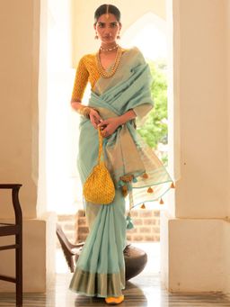 Akhilam - Womens Tissue Sea Green Woven Designer Saree with Unstitched Blouse