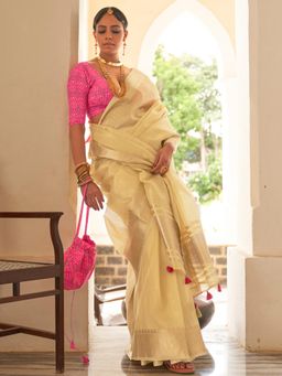 Akhilam - Womens Tissue Yellow Woven Designer Saree with Unstitched Blouse