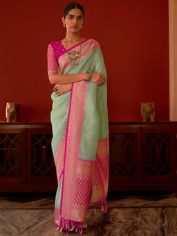 Akhilam - Womens Jacquard Sea Green Woven Designer Saree with Unstitched Blouse