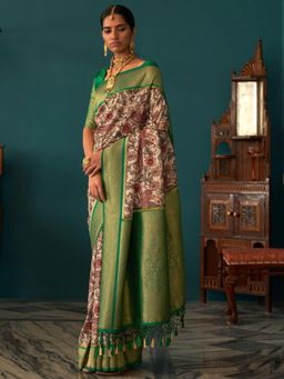 Akhilam - Womens Tussar Silk Cream Printed Designer Saree with Unstitched Blouse