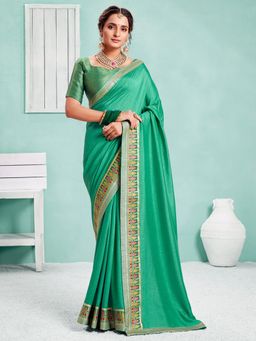 Sareemall - Womens Vichitra Silk Sea Green Handloom Designer Saree with Unstitched Blouse