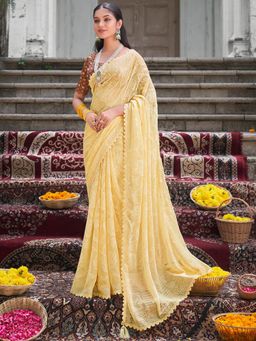Sareemall - Womens Chiffon Yellow Embellished Designer Saree with Unstitched Blouse