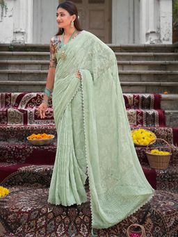 Sareemall - Womens Chiffon Light Green Embellished Designer Saree with Unstitched Blouse