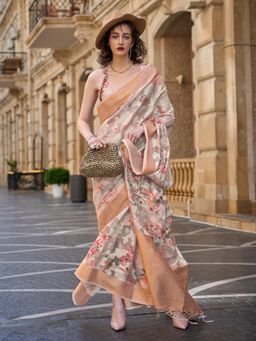 Akhilam - Womens Brasso Beige Embellished Designer Saree with Unstitched Blouse