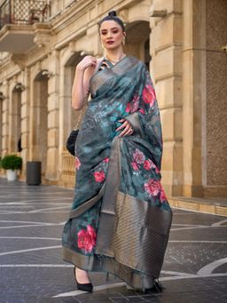 Akhilam - Womens Brasso Charcoal Grey Embellished Designer Saree with Unstitched Blouse