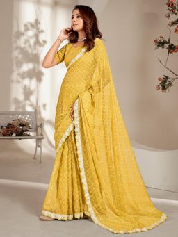 Sareemall - Womens Chiffon Lemon Yellow Embellished Designer Saree with Unstitched Blouse