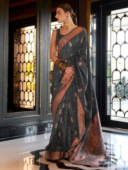 Akhilam - Womens Silk Blend Charcoal Grey Woven Designer Saree with Unstitched Blouse