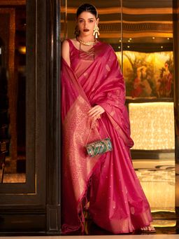 Akhilam - Womens Silk Blend Pink Woven Designer Saree with Unstitched Blouse