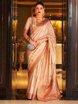 Akhilam - Womens Silk Blend Beige Woven Designer Saree with Unstitched Blouse