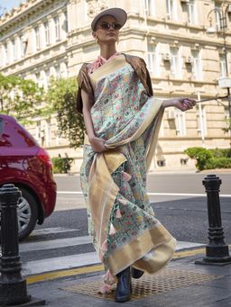 Akhilam - Womens Organza Turquoise Blue Printed Designer Saree with Unstitched Blouse