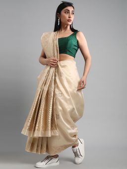 Akhilam - Womens Silk Blend Cream Woven Design Celebrity Saree with Unstitched Blouse