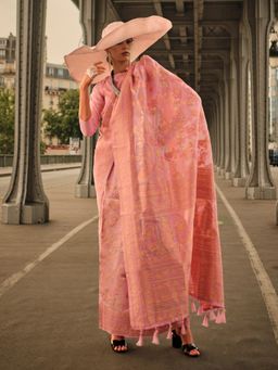 Akhilam - Womens Organza Rose Gold Woven Designer Saree with Unstitched Blouse