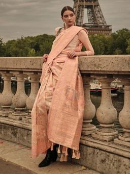 Akhilam - Womens Organza Cream Woven Designer Saree with Unstitched Blouse