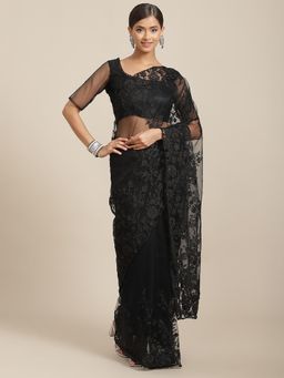 Akhilam - Womens Net Black Embellished Designer Saree with Unstitched Blouse