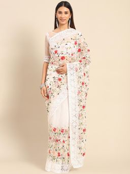 Akhilam - Womens Net White Embellished Designer Saree with Unstitched Blouse
