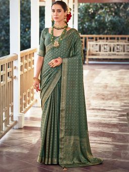 Sareemall - Womens Pure Silk Teal Blue Embellished Designer Saree with Unstitched Blouse
