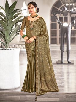 Sareemall - Womens Pure Silk Olive Embellished Designer Saree with Unstitched Blouse