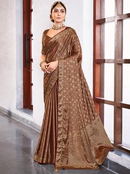 Sareemall - Womens Pure Silk Brown Embellished Designer Saree with Unstitched Blouse