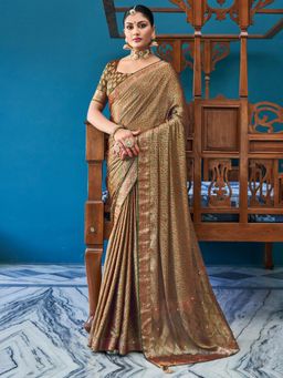 Sareemall - Womens Pure Silk Olive Embellished Designer Saree with Unstitched Blouse