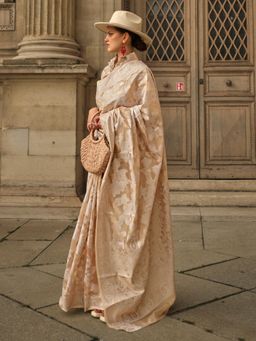 Akhilam - Womens Organza Cream Woven Designer Saree with Unstitched Blouse