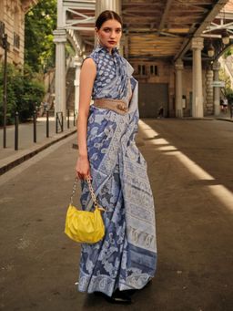 Akhilam - Womens Organza Grey Woven Designer Saree with Unstitched Blouse
