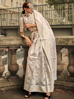 Akhilam - Womens Organza White Woven Designer Saree with Unstitched Blouse