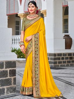 Sareemall - Womens Vichitra Silk Yellow Handloom Designer Saree with Unstitched Blouse