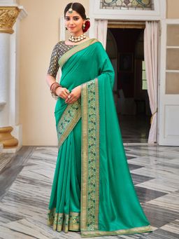 Sareemall - Womens Vichitra Silk Turquoise Handloom Designer Saree with Unstitched Blouse