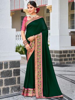 Sareemall - Womens Vichitra Silk Green Handloom Designer Saree with Unstitched Blouse