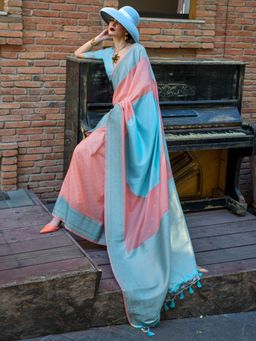 Akhilam - Womens Soft Silk Peach Woven Designer Saree with Unstitched Blouse