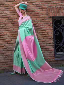 Akhilam - Womens Soft Silk Sea Green Woven Designer Saree with Unstitched Blouse