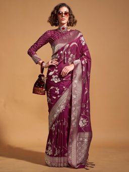 Akhilam - Womens Georgette Burgundy Woven Designer Saree with Unstitched Blouse