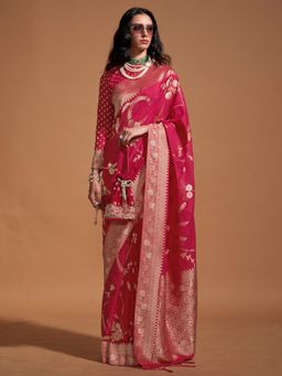 Akhilam - Womens Georgette Pink Woven Designer Saree with Unstitched Blouse
