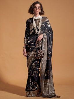 Akhilam - Womens Georgette Black Woven Designer Saree with Unstitched Blouse