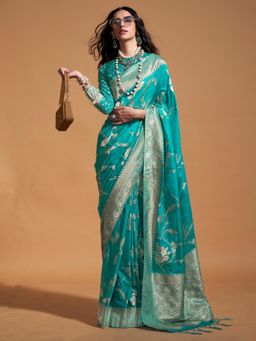 Akhilam - Womens Georgette Blue Woven Designer Saree with Unstitched Blouse