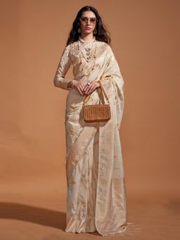 Akhilam - Womens Georgette Cream Woven Designer Saree with Unstitched Blouse