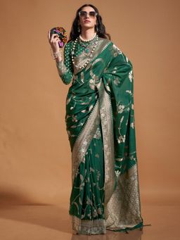 Akhilam - Womens Georgette Green Woven Designer Saree with Unstitched Blouse