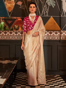 Sareemall - Womens Viscose Silk Cream Woven Designer Saree with Unstitched Blouse