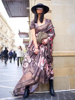 Akhilam - Womens Pure Silk Brown Printed Designer Saree with Unstitched Blouse