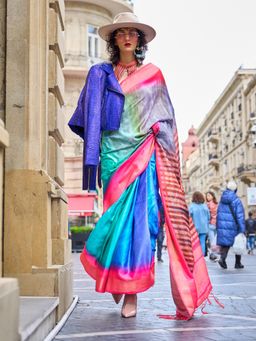 Akhilam - Womens Pure Silk Blue Printed Designer Saree with Unstitched Blouse