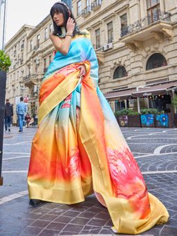 Akhilam - Womens Pure Silk Blue Printed Designer Saree with Unstitched Blouse