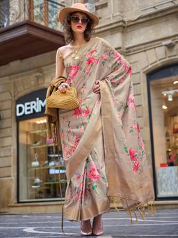 Akhilam - Womens Pure Silk Beige Printed Designer Saree with Unstitched Blouse