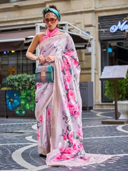 Akhilam - Womens Pure Silk Pink Printed Designer Saree with Unstitched Blouse