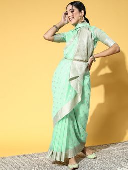 Sareemall - Womens Modal Green Woven Design Celebrity Saree with Unstitched Blouse
