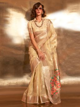 Akhilam - Womens Tissue Yellow Woven Designer Saree with Unstitched Blouse