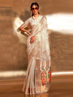 Akhilam - Womens Tissue Cream Woven Designer Saree with Unstitched Blouse