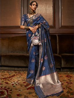 Akhilam - Womens Silk Blend Navy Blue Woven Designer Saree with Unstitched Blouse
