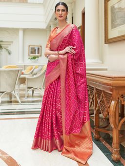 Akhilam - Womens Silk Blend Pink Woven Designer Saree with Unstitched Blouse
