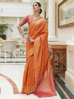 Akhilam - Womens Silk Blend Mustard Woven Designer Saree with Unstitched Blouse